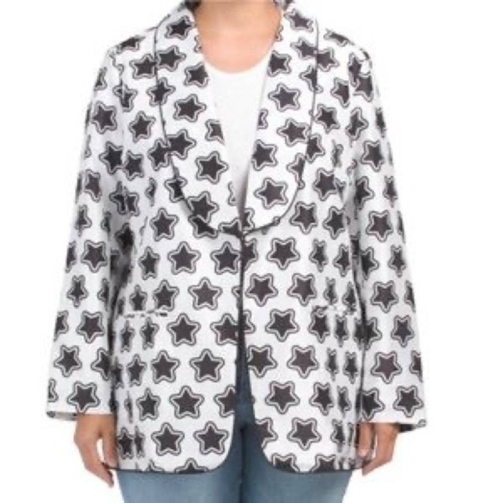 HUTCH women long sleeve White/Black Shantung Star Blazer‎ light weight NWOT
